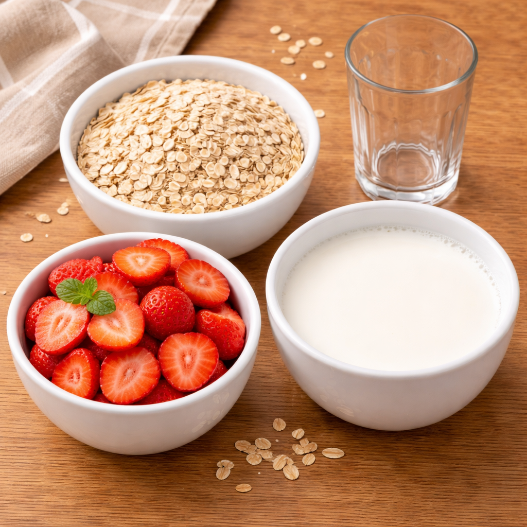tazón de fresas, avena y leche