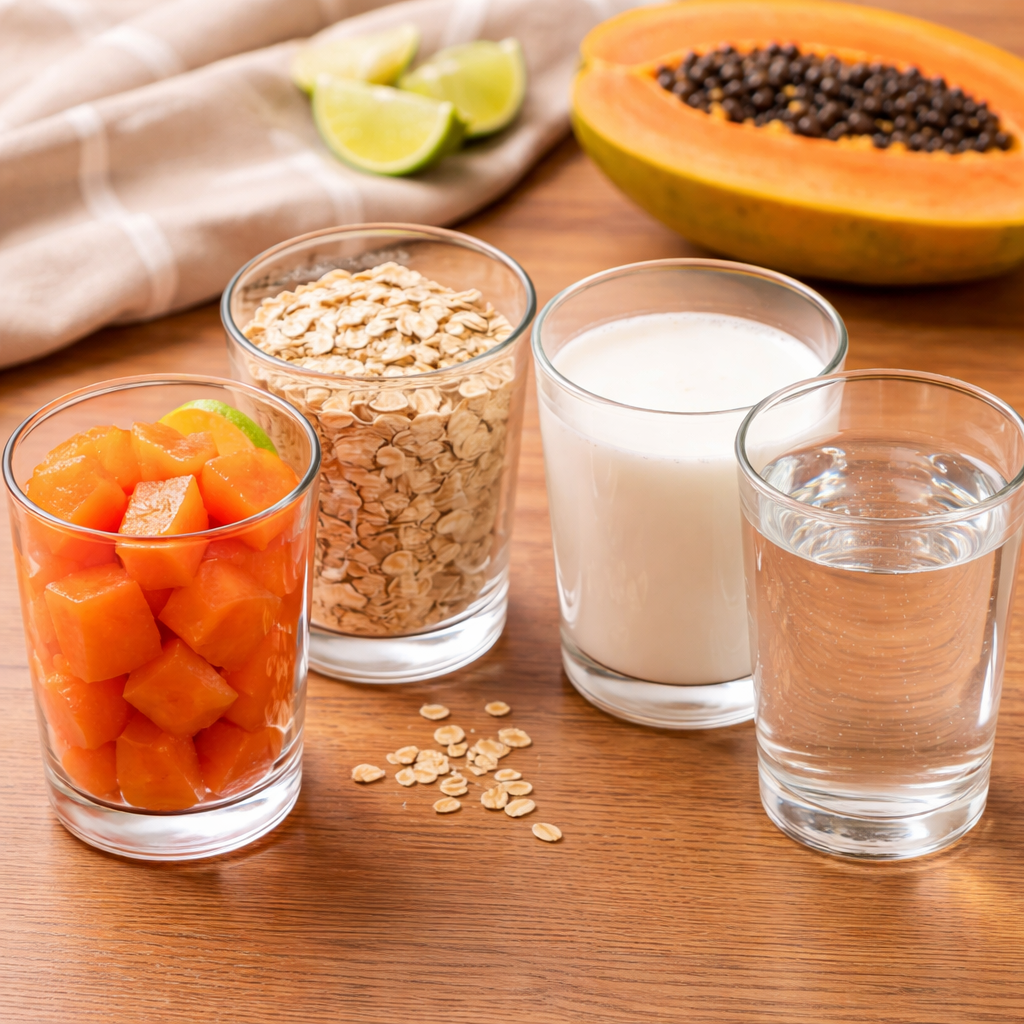 vasos con papaya, avena, leche y agua