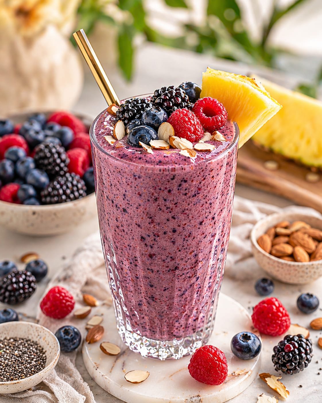 Imagen con un vaso de vidrio que contiene un batido frutal con frutas alrededor 