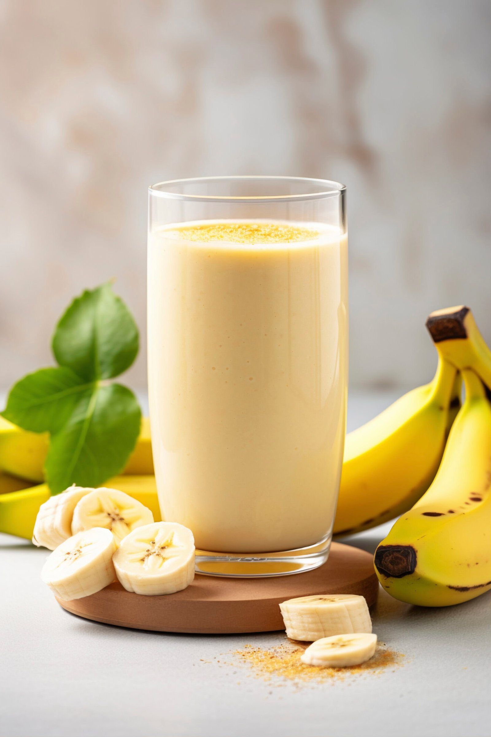 Un vaso alto de batido saludable de plátano cremoso sobre una base de madera, rodeado de plátanos enteros, rodajas de fruta y una pizca de canela.