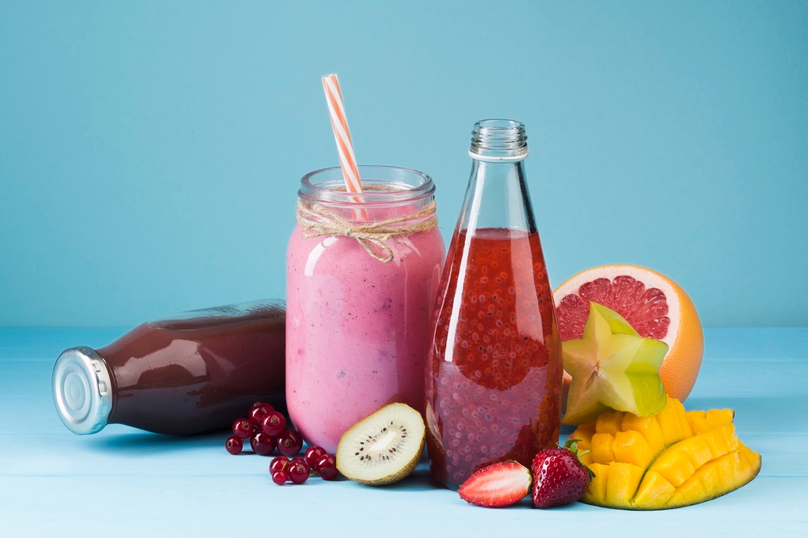 Cuatro frascos de vidrio con batidos saludables de colores decorados con lazo de yute, junto a  frutas frescas 